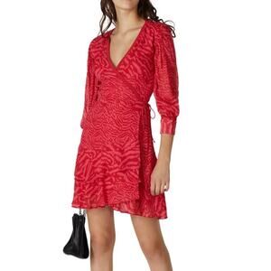 All Saints Keva Ruffle Wrap Dress Pink Red Tiger Zebra Animal Print Large Mini